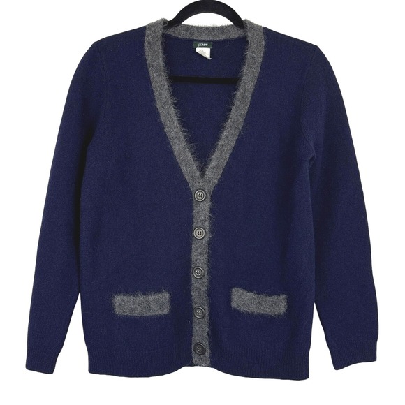 J. Crew Wool & Mohair Cardigan Sweater Womens Medium Gray Trim Button Front - Picture 1 of 13